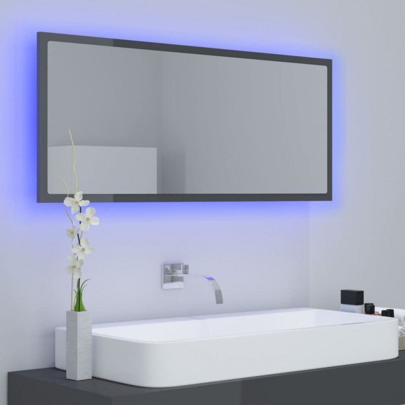 Lustro łazienkowe LED, wysoki połysk szare, 100x8,5x37cm, akryl