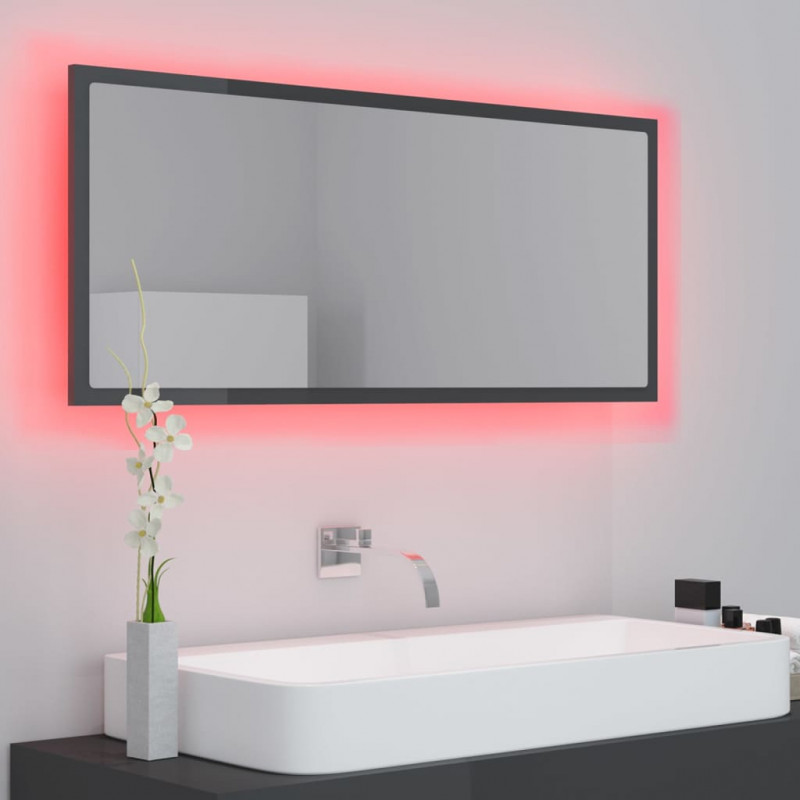 Lustro łazienkowe LED, wysoki połysk szare, 100x8,5x37cm, akryl