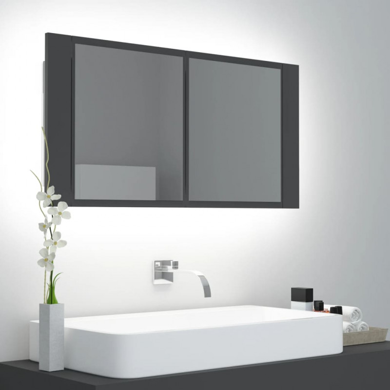 Szafka łazienkowa z lustrem i LED, szara, 90x12x45 cm, akryl