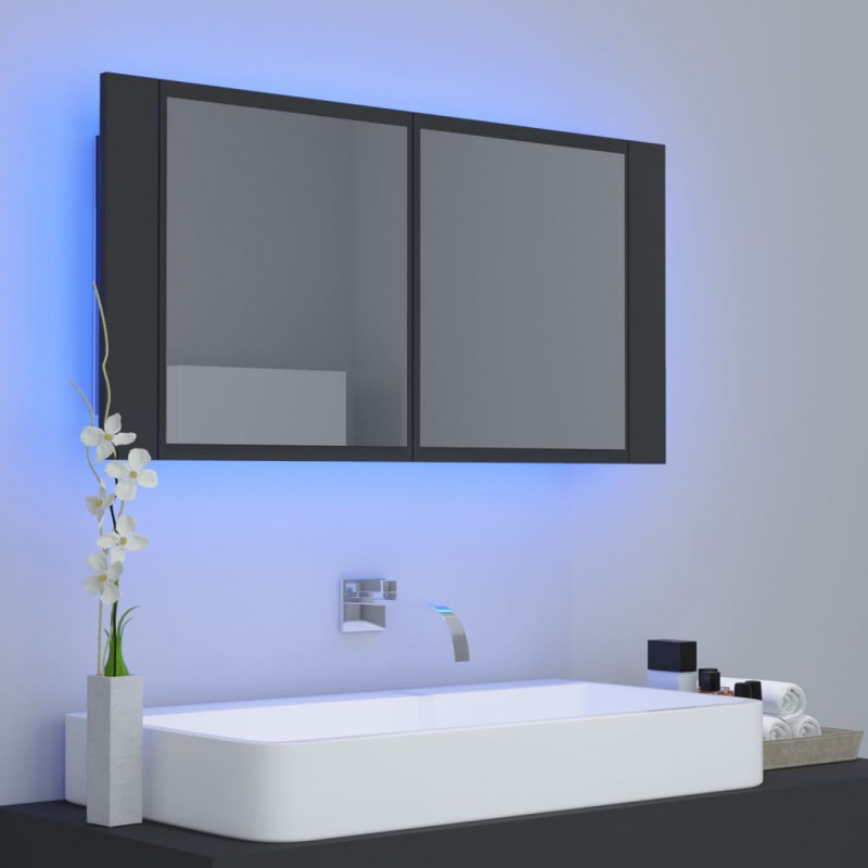 Szafka łazienkowa z lustrem i LED, szara, 90x12x45 cm, akryl