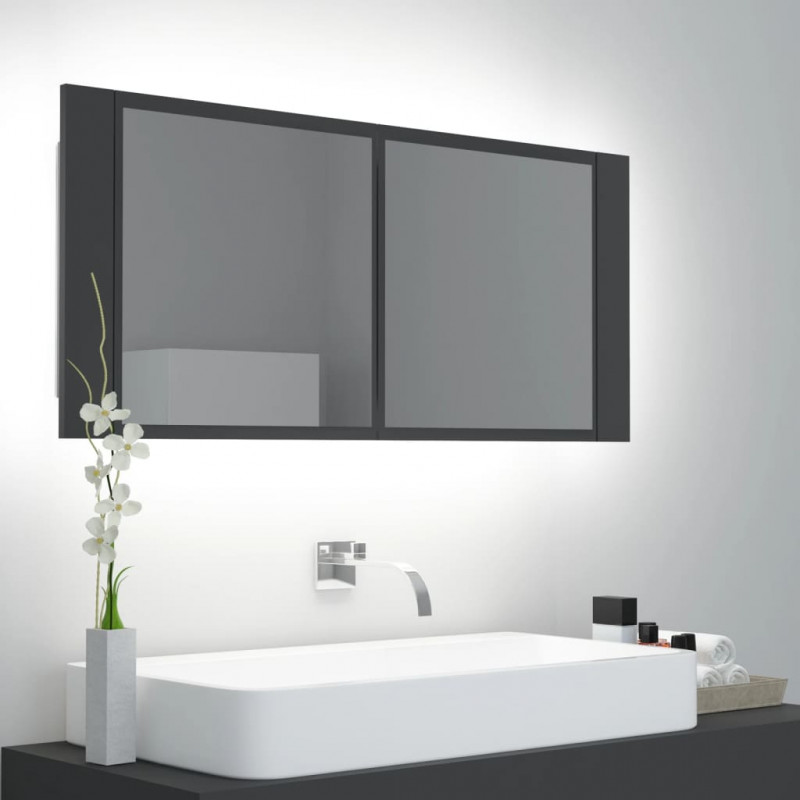Szafka łazienkowa z lustrem i LED, szara, 100x12x45 cm, akryl