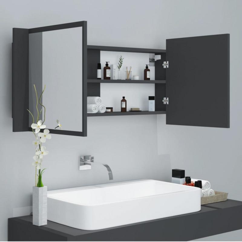 Szafka łazienkowa z lustrem i LED, szara, 100x12x45 cm, akryl