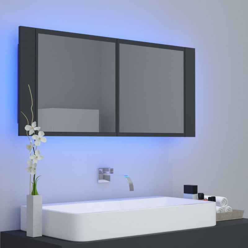 Szafka łazienkowa z lustrem i LED, szara, 100x12x45 cm, akryl