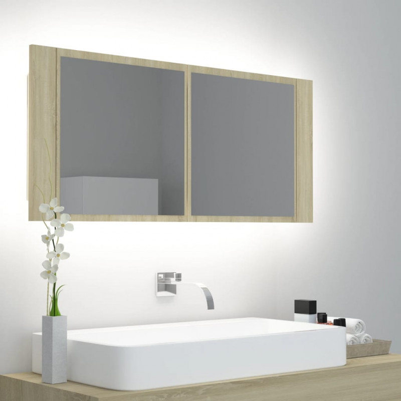 Szafka łazienkowa z lustrem i LED, dąb sonoma, 100x12x45, akryl