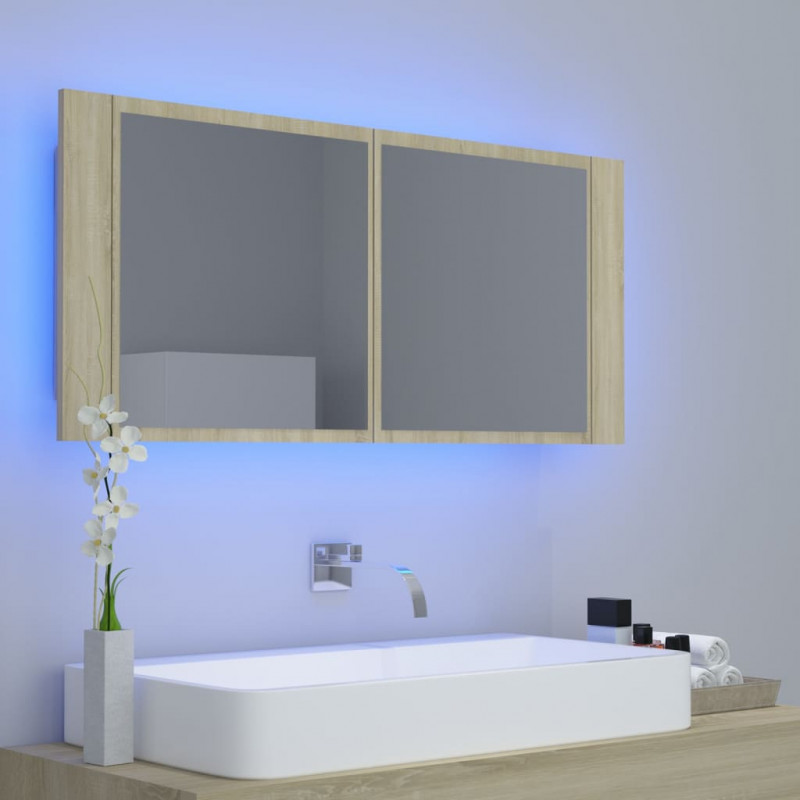 Szafka łazienkowa z lustrem i LED, dąb sonoma, 100x12x45, akryl