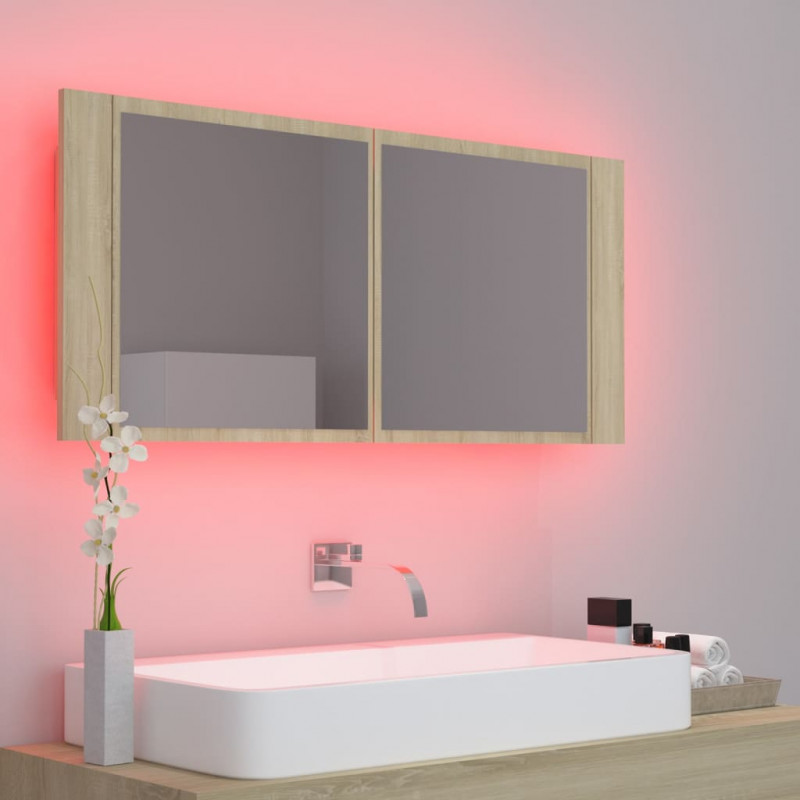 Szafka łazienkowa z lustrem i LED, dąb sonoma, 100x12x45, akryl