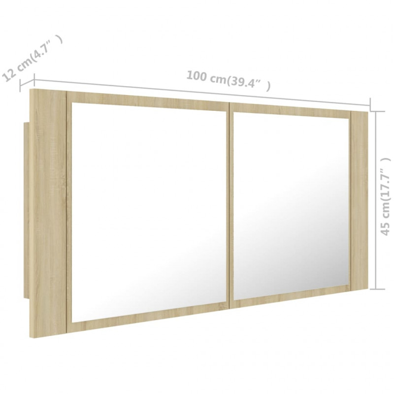 Szafka łazienkowa z lustrem i LED, dąb sonoma, 100x12x45, akryl
