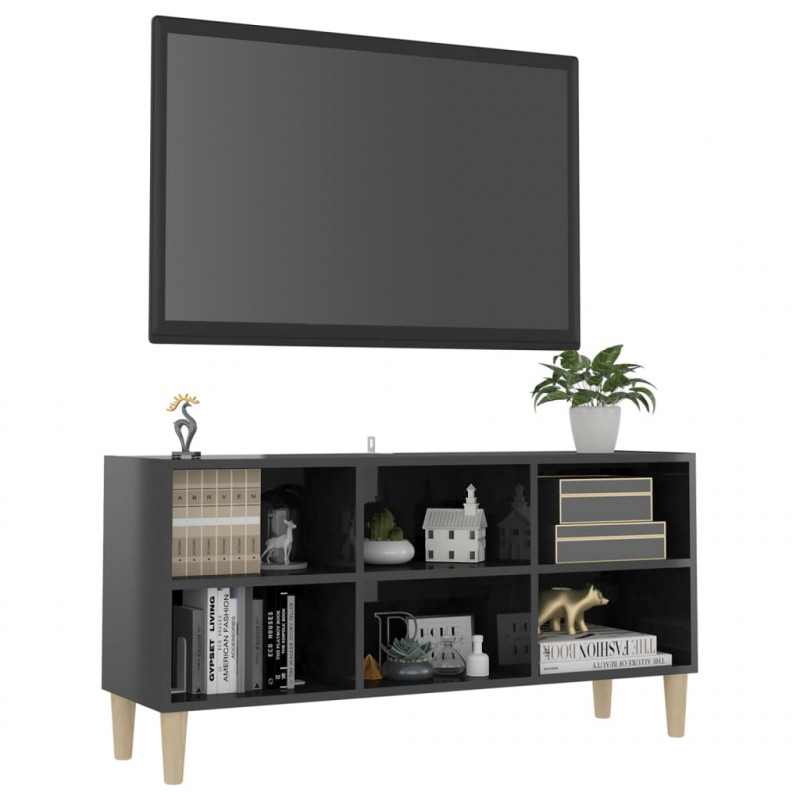 Szafka TV z drewnianymi nóżkami, szara, połysk, 103,5x30x50 cm