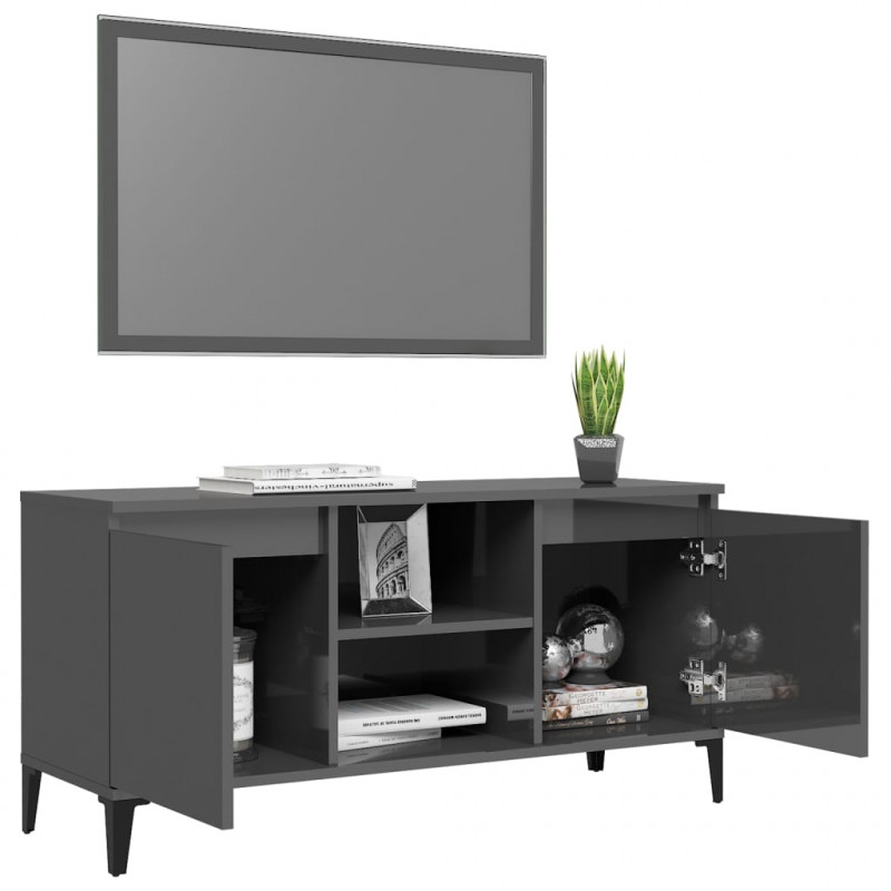 Szafka TV, metalowe nóżki, wysoki połysk, szara, 103,5x35x50 cm