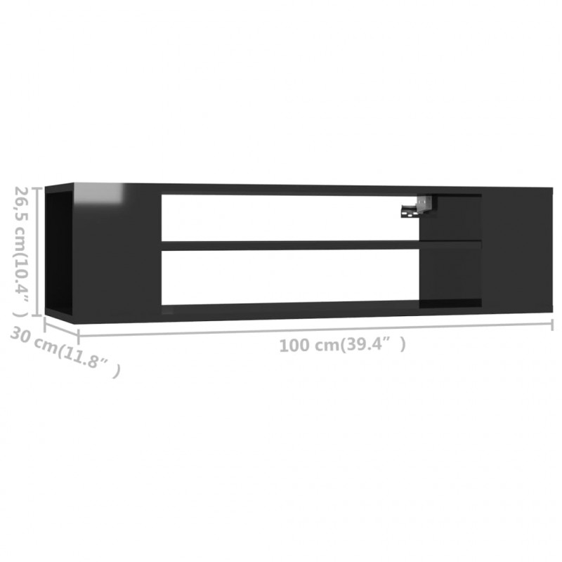 Wisząca szafka TV, czarna, wysoki połysk, 100x30x26,5 cm
