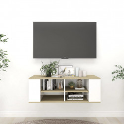 Wisząca szafka pod TV, biel i dąb sonoma, 102x35x35 cm