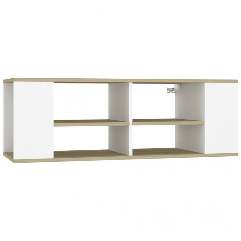 Wisząca szafka pod TV, biel i dąb sonoma, 102x35x35 cm