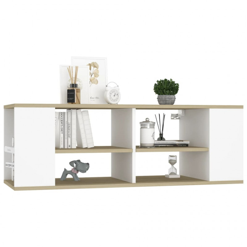 Wisząca szafka pod TV, biel i dąb sonoma, 102x35x35 cm