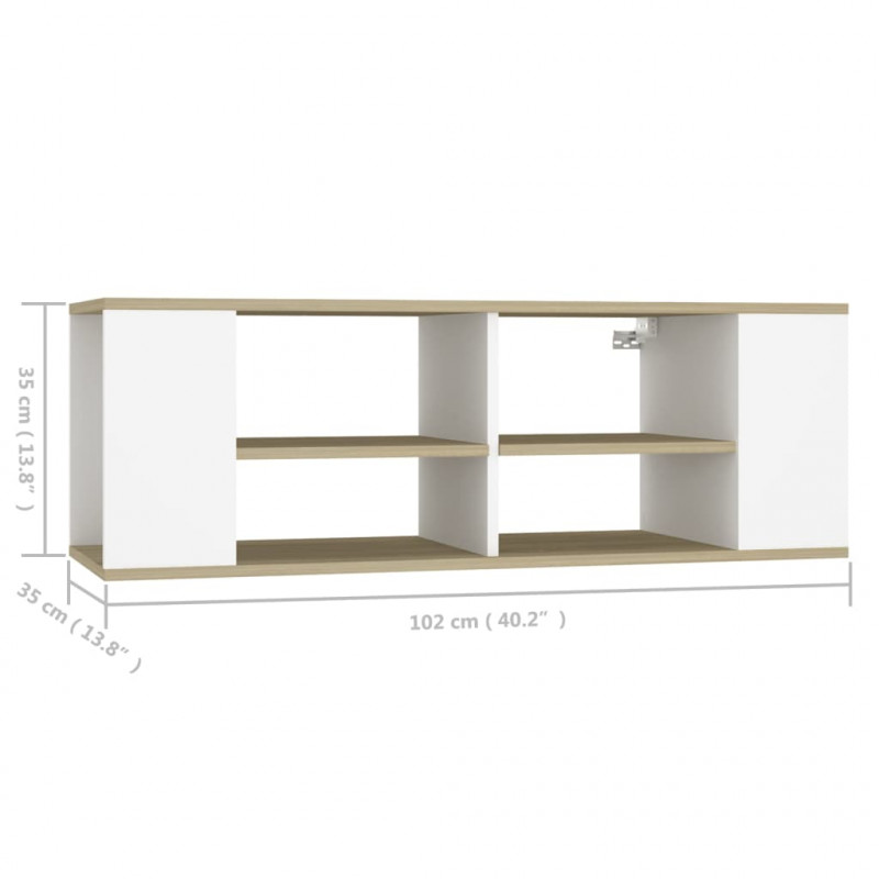 Wisząca szafka pod TV, biel i dąb sonoma, 102x35x35 cm