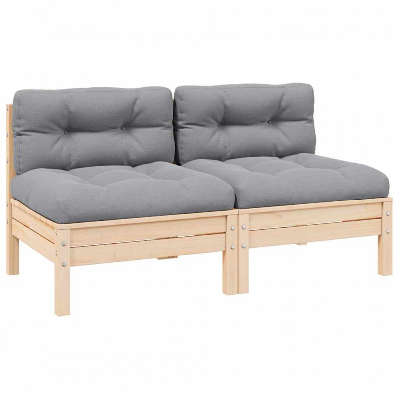 2-osobowa sofa ogrodowa z szarymi poduszkami, drewno sosnowe