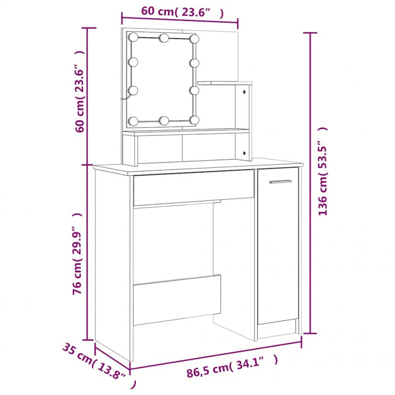 Toaletka z oświetleniem LED, czarna, 86,5x35x136 cm
