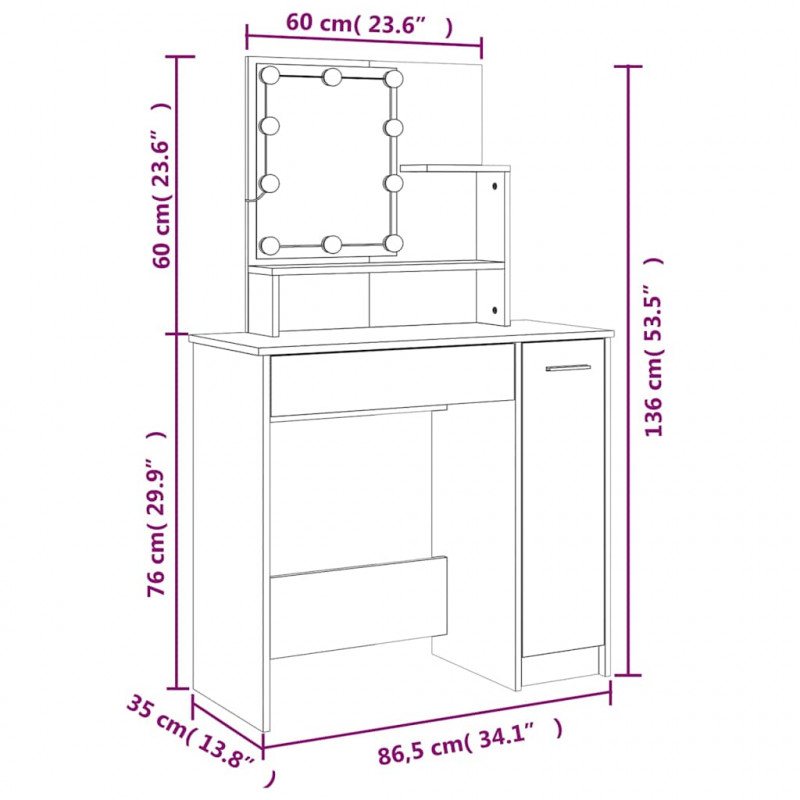 Toaletka z oświetleniem LED, dąb sonoma, 86,5x35x136 cm