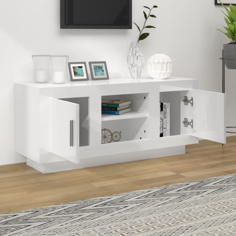 Szafka pod TV, wysoki połysk, biała, 102x35x45 cm