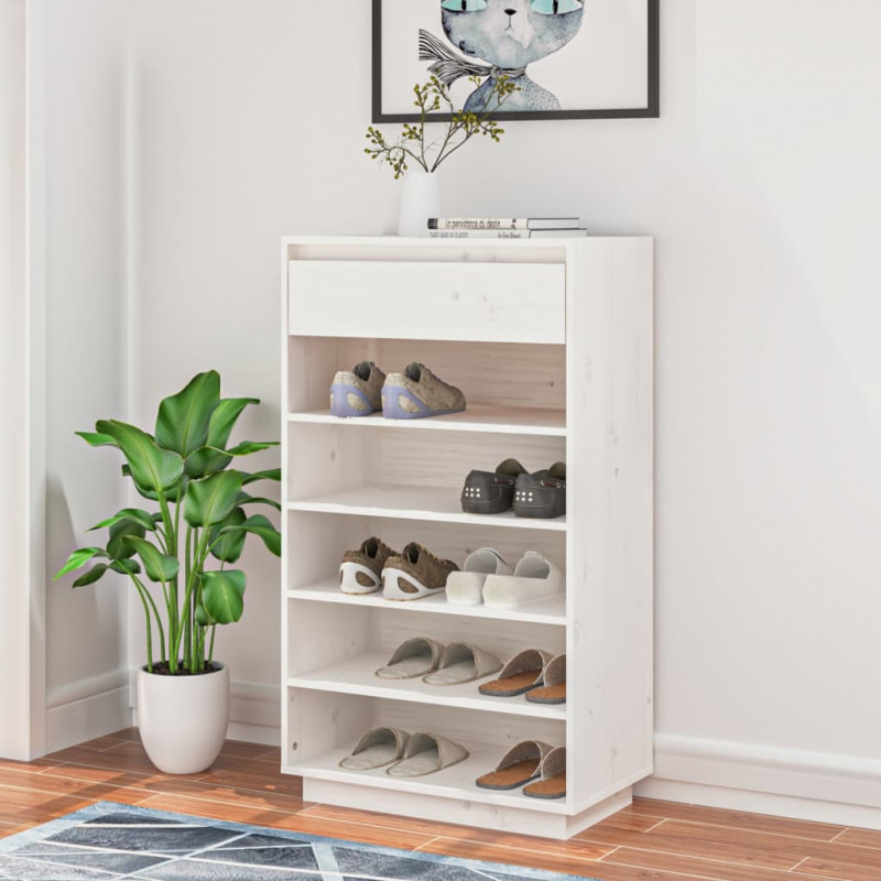 Szafka na buty, biała, 60x34x105 cm, lite drewno sosnowe