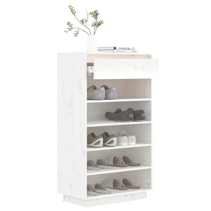 Szafka na buty, biała, 60x34x105 cm, lite drewno sosnowe