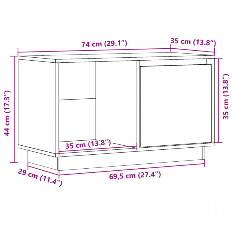 Szafka pod telewizor, biała, 74x35x44 cm, lite drewno sosnowe