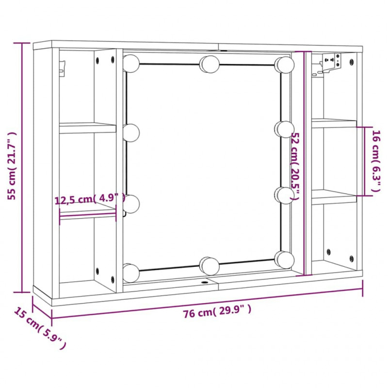 Szafka z lustrem i LED, przydymiony dąb, 76x15x55 cm