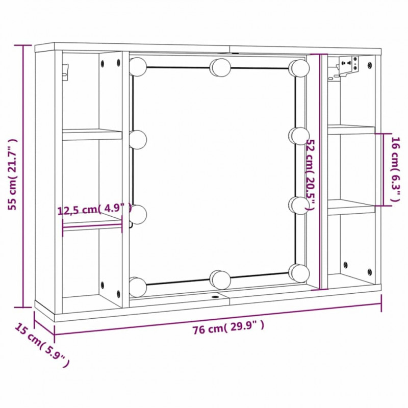 Szafka z lustrem i LED, szary dąb sonoma, 76x15x55 cm
