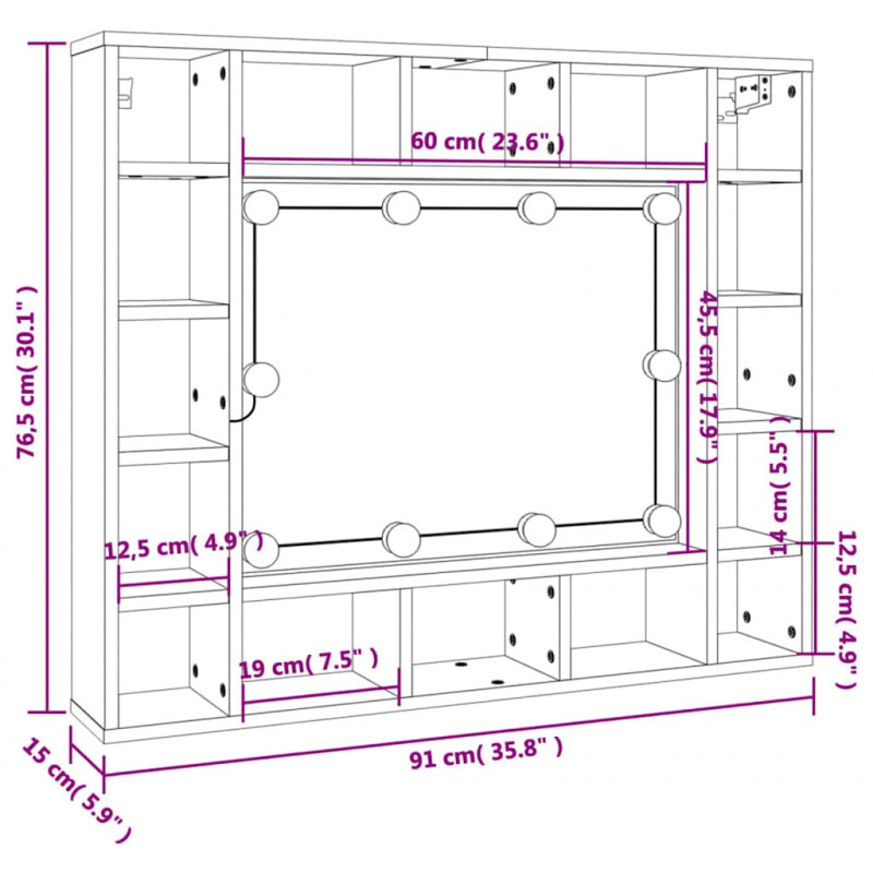 Szafka z lustrem i LED, przydymiony dąb, 91x15x76,5 cm