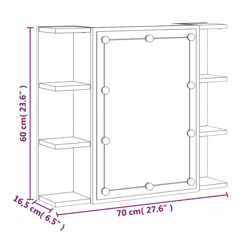Szafka z lustrem i LED, opalany dąb, 70x16,5x60 cm