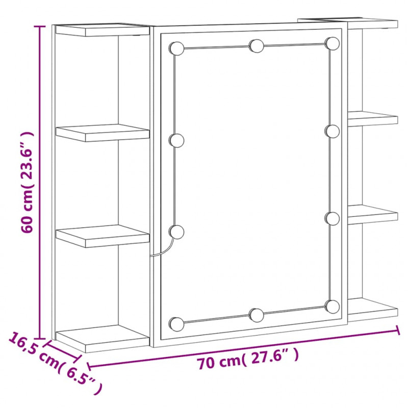 Szafka z lustrem i LED, szary dąb sonoma, 70x16,5x60 cm