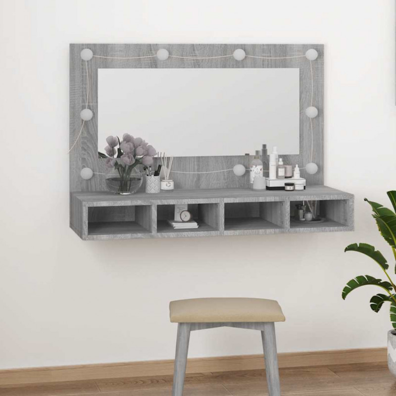 Szafka z lustrem i LED, szary dąb sonoma, 90x31,5x62 cm