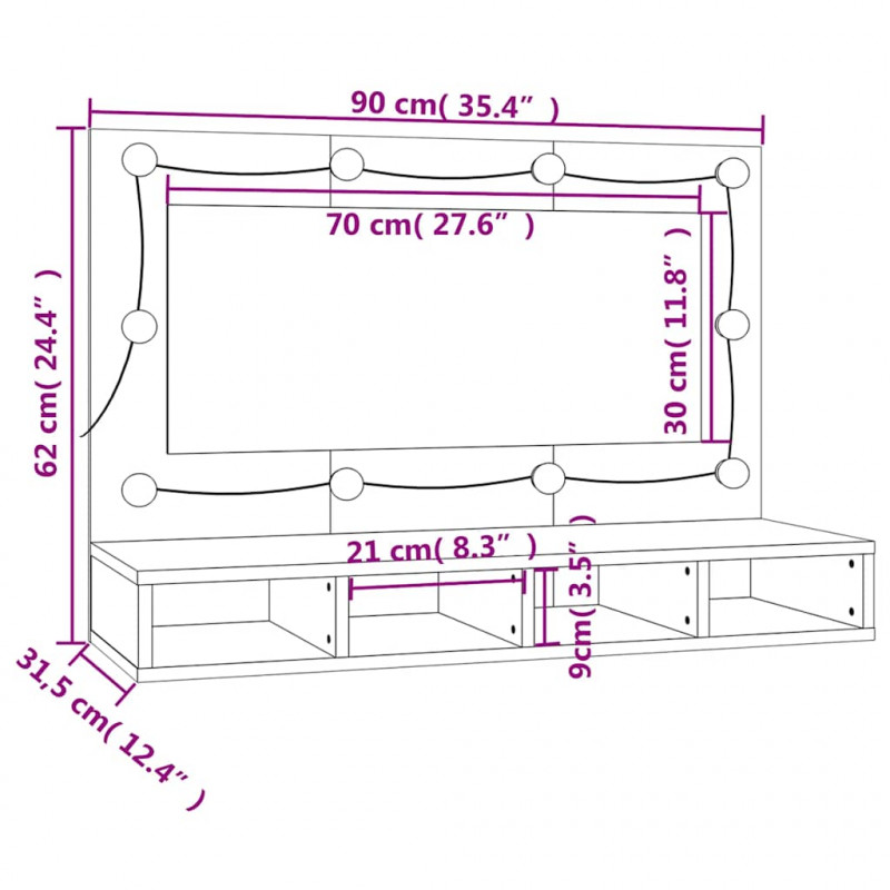 Szafka z lustrem i LED, szary dąb sonoma, 90x31,5x62 cm