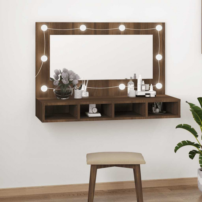 Szafka z lustrem i oświetleniem LED, brązowy dąb, 90x31,5x62 cm