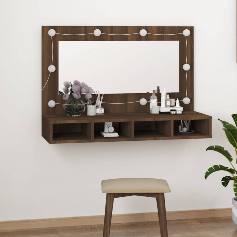 Szafka z lustrem i oświetleniem LED, brązowy dąb, 90x31,5x62 cm