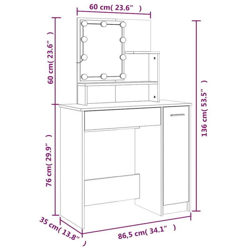 Toaletka z LED, przydymiony dąb, 86,5x35x136 cm