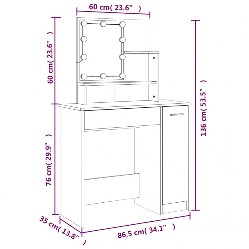 Toaletka z LED, brązowy dąb, 86,5x35x136 cm