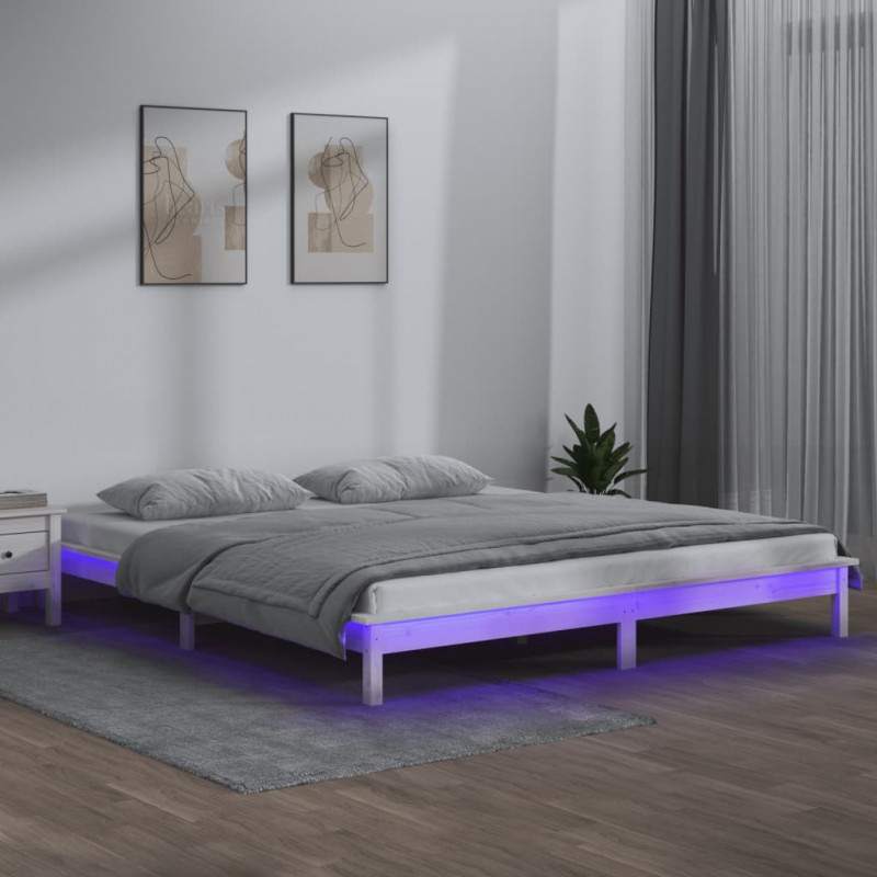 Rama łóżka z LED, biała, 140x200 cm, lite drewno