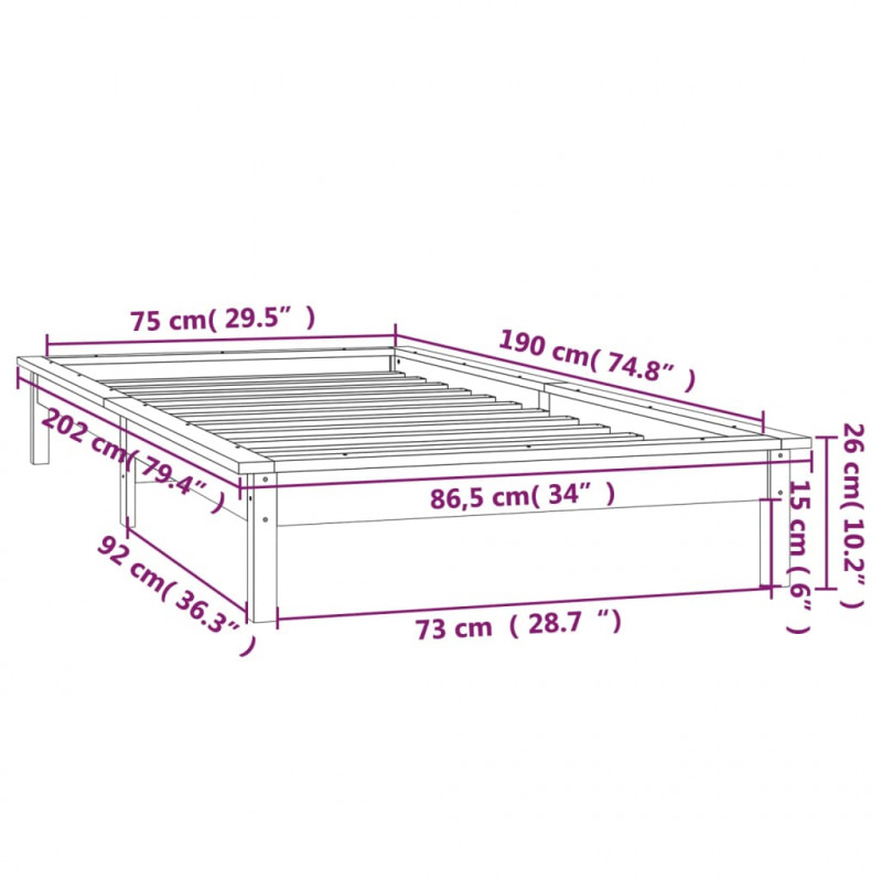 Rama łóżka z LED, 75x190 cm, pojedyncza, lite drewno