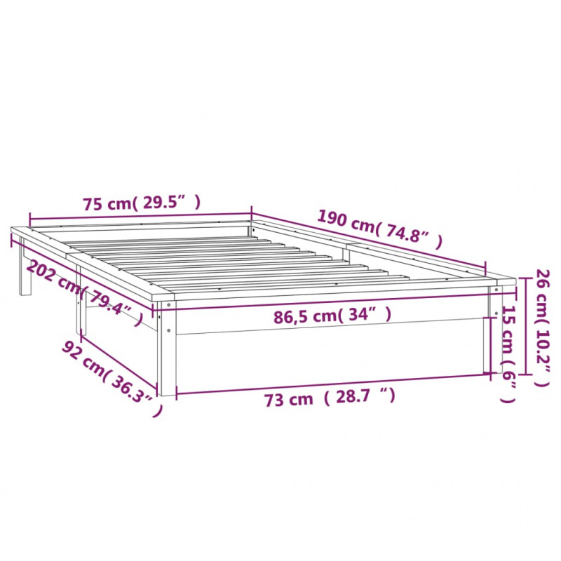 Rama łóżka z LED, szara, 75x190 cm, pojedyncza, lite drewno