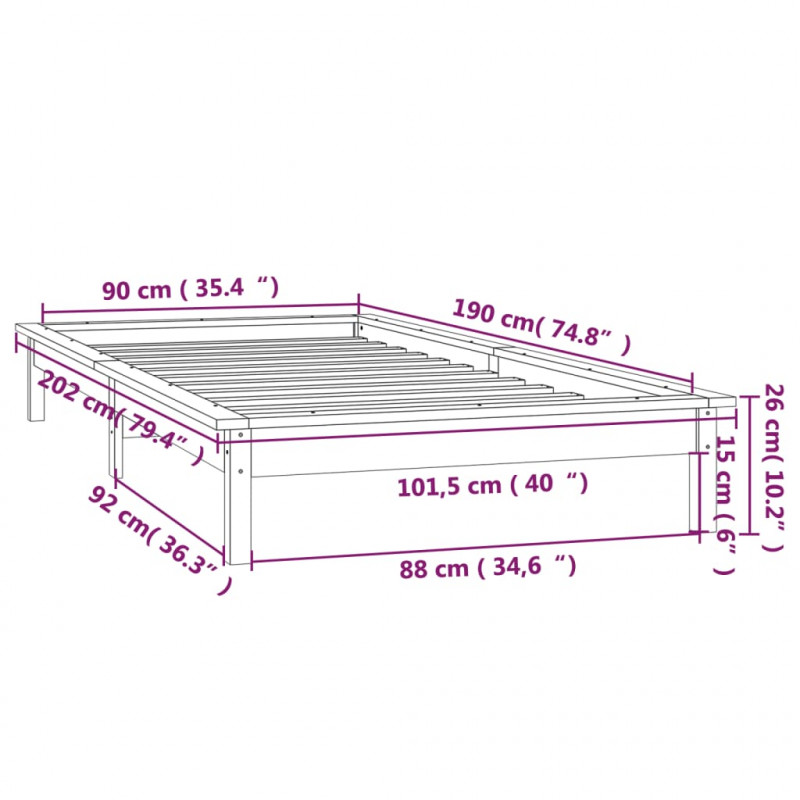 Rama łóżka z LED, szara, 90x190 cm, pojedyncza, lite drewno