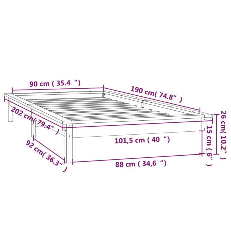 Rama łóżka z LED, czarna, 90x190 cm, pojedyncza, lite drewno