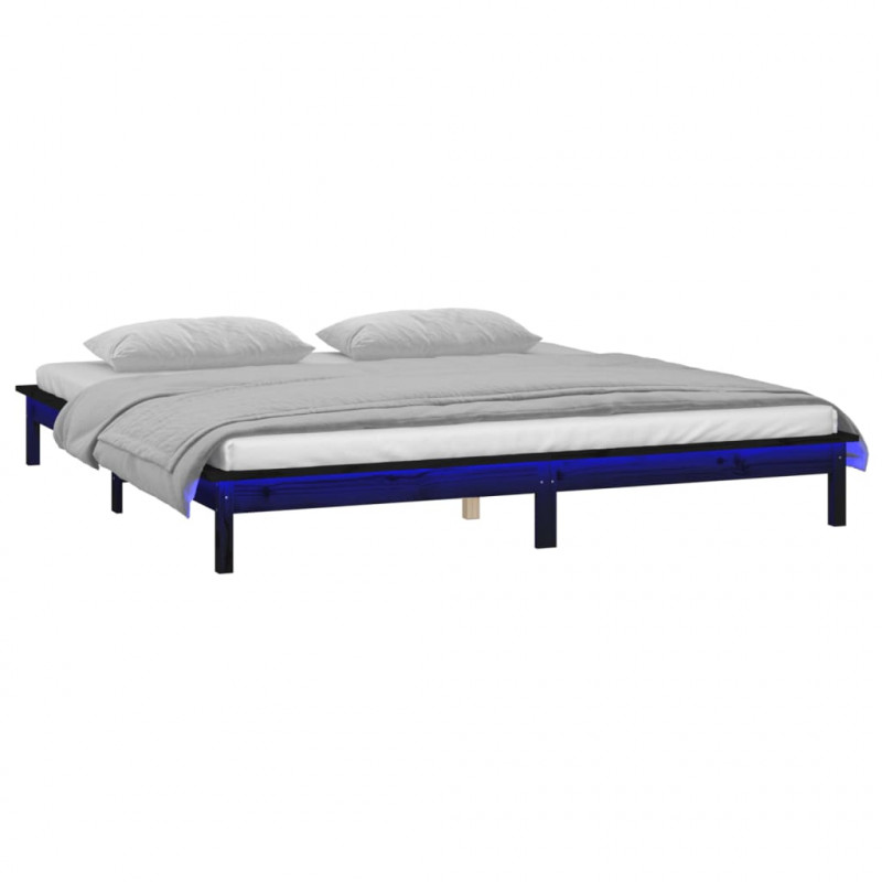 Rama łóżka z LED, czarna, 135x190 cm, podwójna, lite drewno