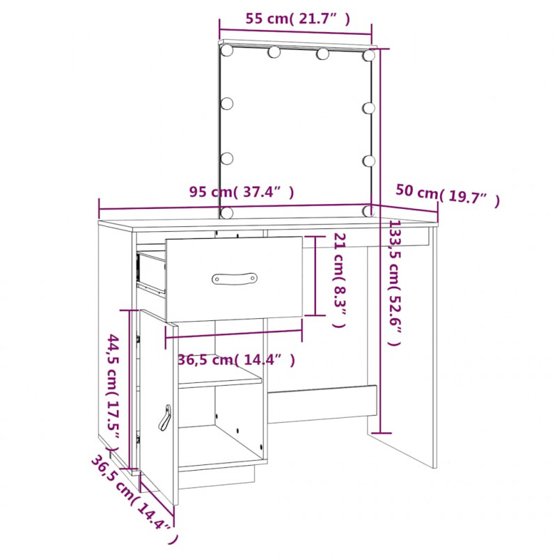 Toaletka z LED, 95x50x133,5 cm, lite drewno sosnowe