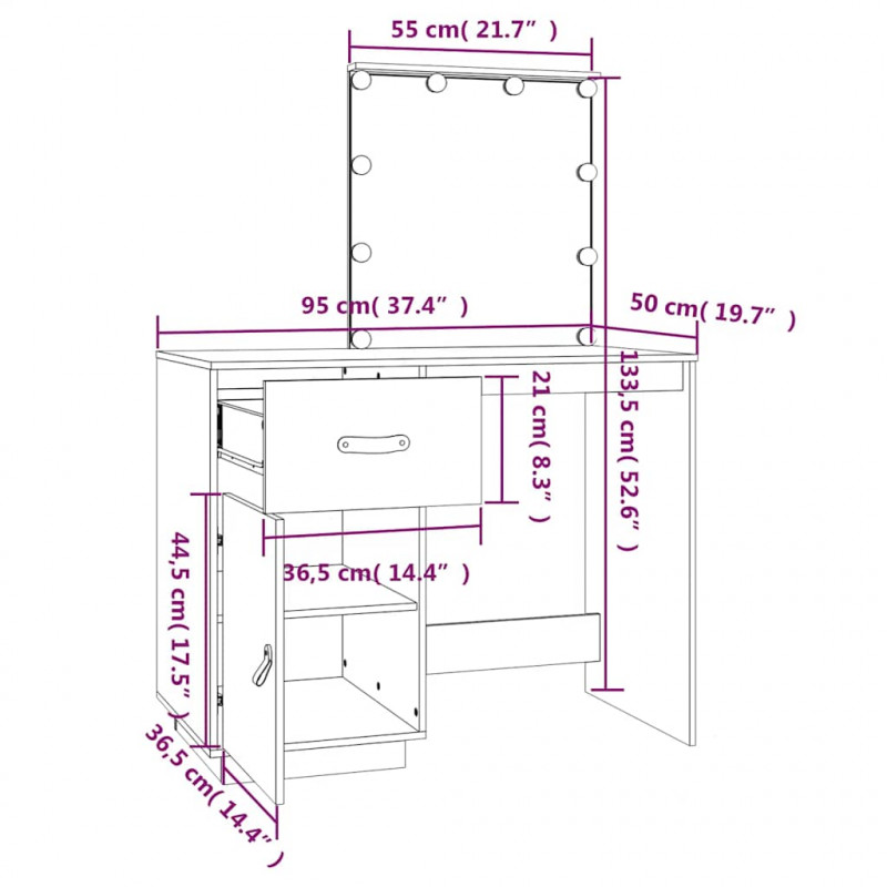 Toaletka z LED, vit, 95x50x133,5 cm, lite drewno sosnowe