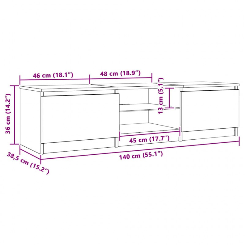 Szafka pod TV, z LED, przydymiony dąb, 140 x 40 x 35,5 cm
