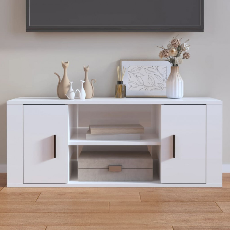Szafka pod TV, wysoki połysk, biała, 100x35x40 cm