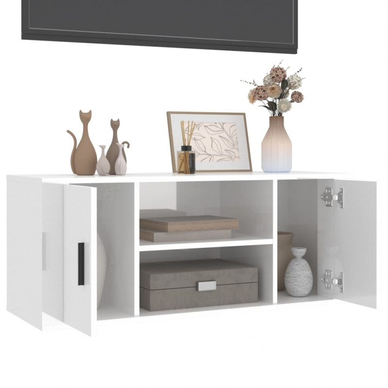 Szafka pod TV, wysoki połysk, biała, 100x35x40 cm