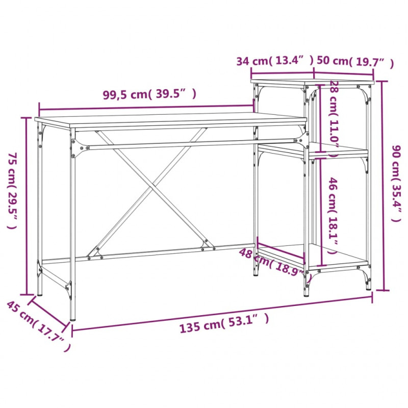 Biurko z półkami, szary dąb sonoma, 135x50x90 cm
