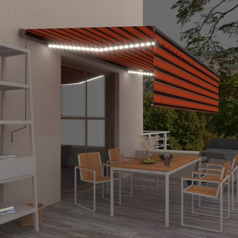 Ręcznie zwijana markiza z zasłoną i LED, 5x3 m, pomarańcz-brąz