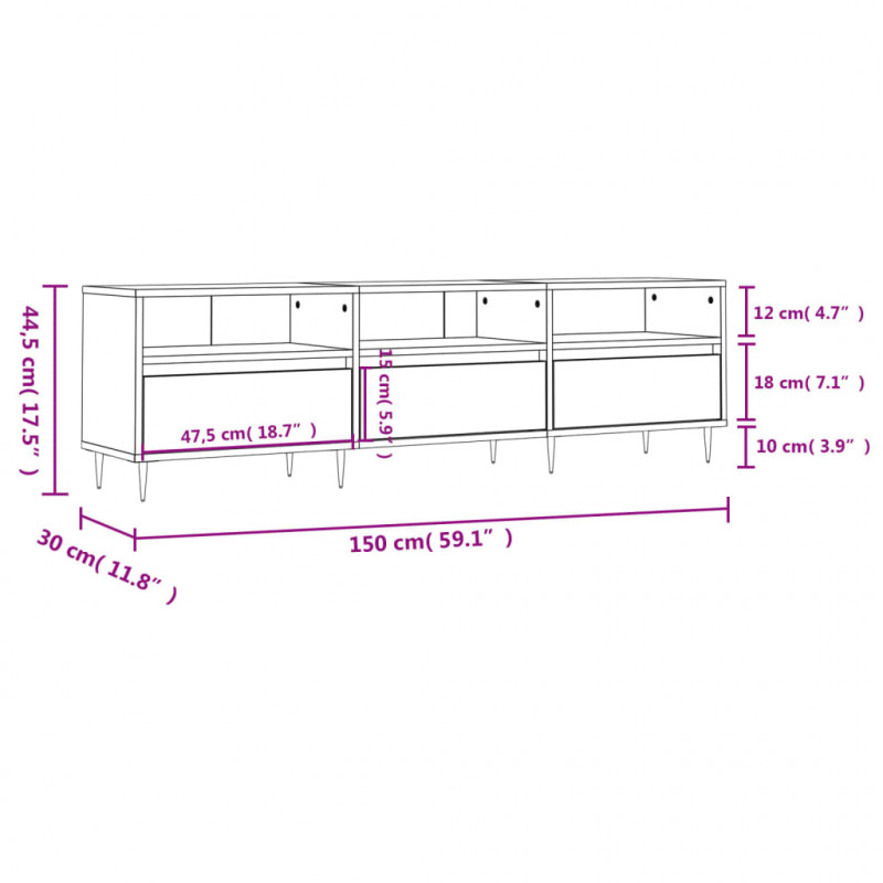 Szafka pod TV, biała, 150x30x44,5 cm, materiał drewnopochodny